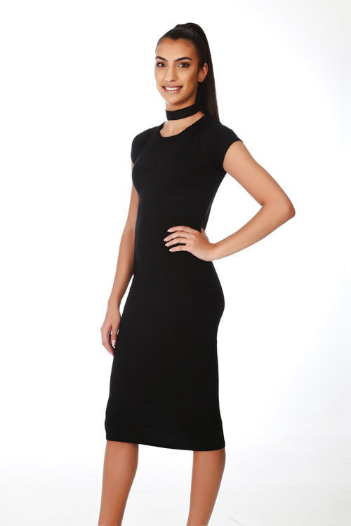 Black Cap Sleeve Midi Dress - PrettyFashion.com