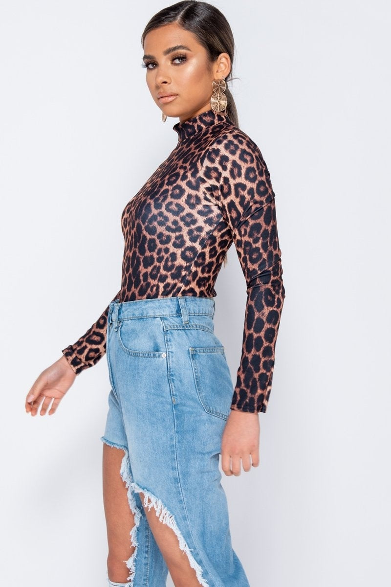 Leopard Print High Neck Bodysuit – PrettyFashion.com